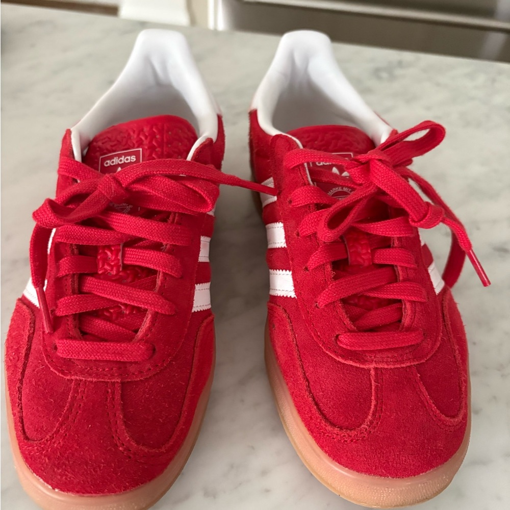 adidas Kids Red Suede Sneakers with White Stripes